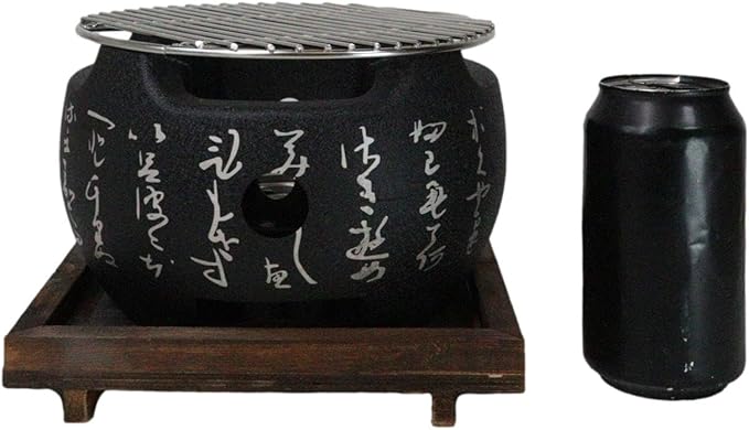 Ebros Gift Japanese Cuisine Tabletop Shichirin Konro Compact Movable Charcoal Grill BBQ Aluminum Cooking Stove With Wire Mesh Grill And Wooden Trivet Base For Yakitori Hibachi Yakiniku