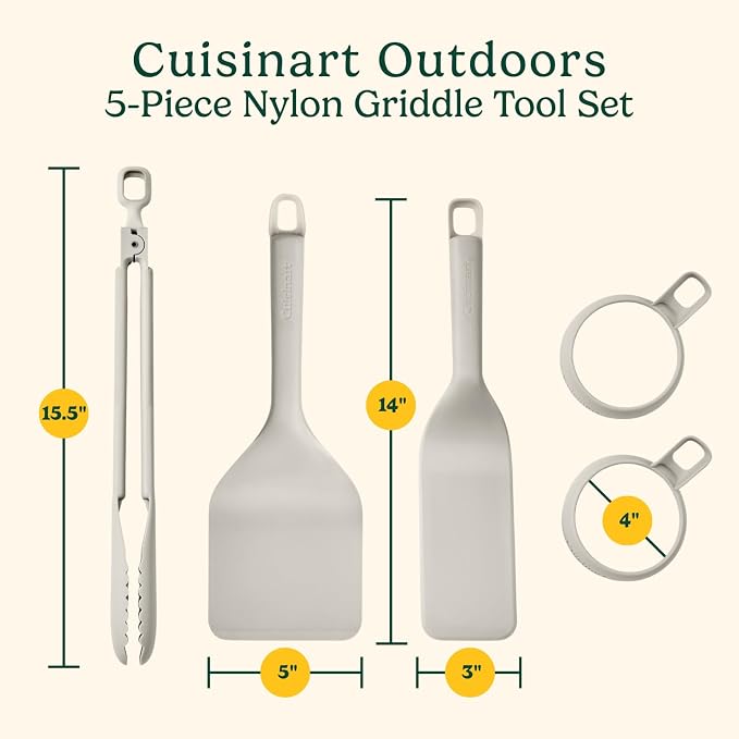 Cuisinart 5-Piece Nylon Griddle Tool Set with Spatula, Griddle Spatula, Locking Tongs & 2 Silicone Egg Rings, Flat Top Grill Accessories for Electric Grills, Great for BBQ, Tailgating, Camping