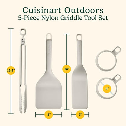 Cuisinart 5-Piece Nylon Griddle Tool Set with Spatula, Griddle Spatula, Locking Tongs & 2 Silicone Egg Rings, Flat Top Grill Accessories for Electric Grills, Great for BBQ, Tailgating, Camping