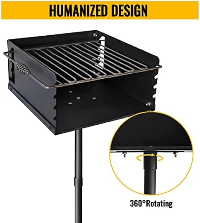 Park Style Charcoal Grill With Grate, Single Post Carbon Steel 50 Inch Height Pole, Heavy Duty Outdoor Park Grill For BBQ, Camping, Backyard,16x16 Inch