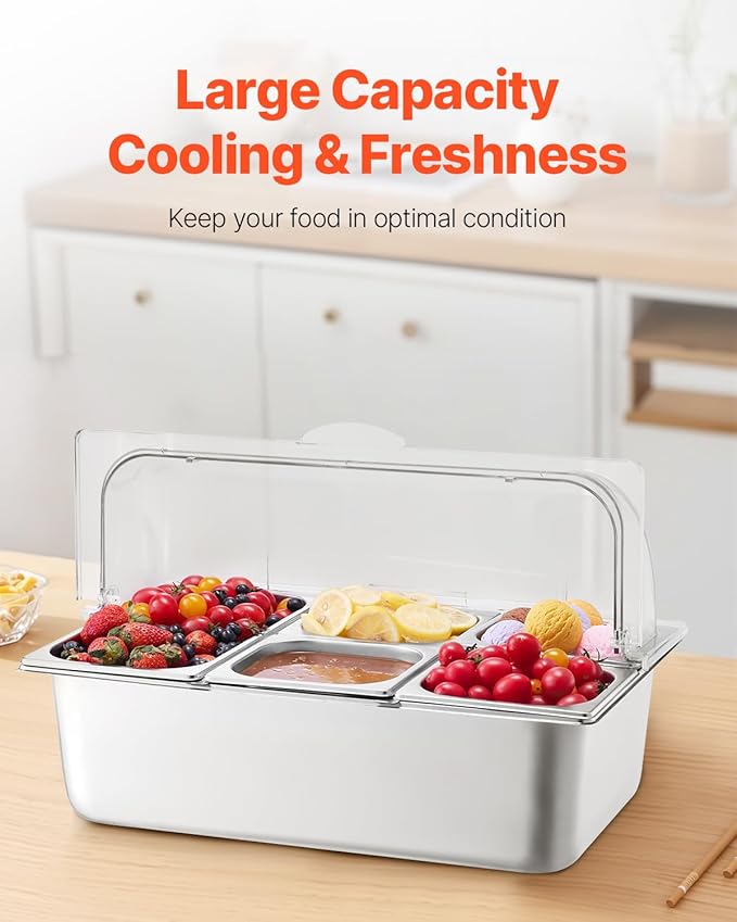 VEVOR Countertop Food Serving Display Container, 5 Pan Stainless Steel Food Serving Tray, Buffet Condiment Dispenser Display Rack with Clear Lid & 3 Freezer Boxes, for Restaurant Hotel Kitchen Party