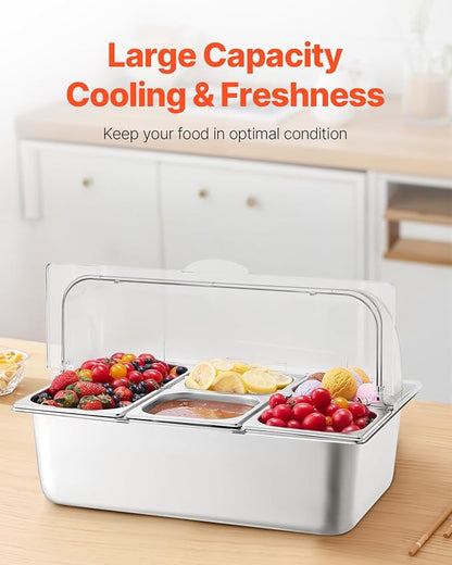 VEVOR Countertop Food Serving Display Container, 5 Pan Stainless Steel Food Serving Tray, Buffet Condiment Dispenser Display Rack with Clear Lid & 3 Freezer Boxes, for Restaurant Hotel Kitchen Party