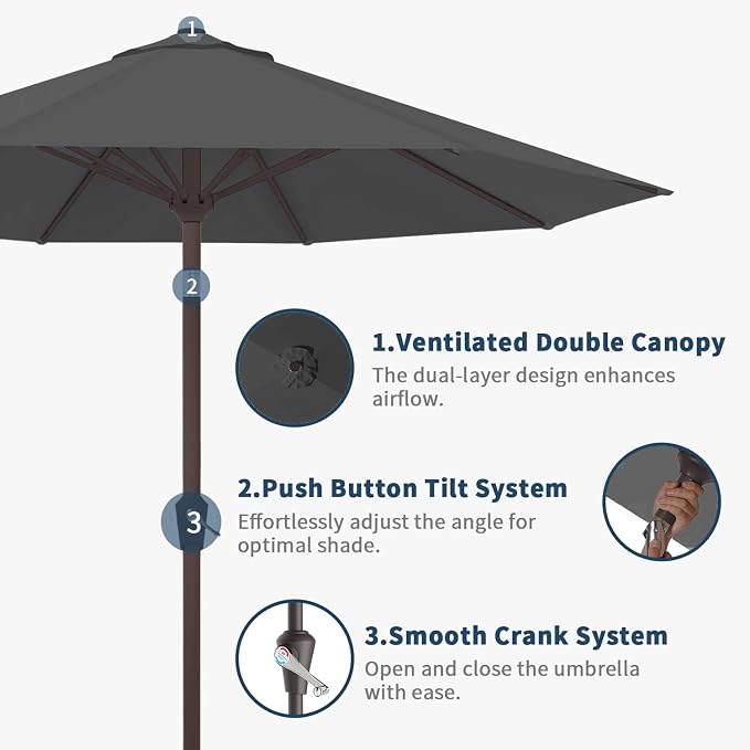9FT Patio Umbrella with Fiberglass Ribs, Outdoor Market Table Umbrella with Crank and Tilt, UV Resistant Waterproof Canopy for Patio, Garden, Deck, Pool, Gray