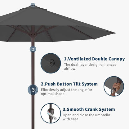 9FT Patio Umbrella with Fiberglass Ribs, Outdoor Market Table Umbrella with Crank and Tilt, UV Resistant Waterproof Canopy for Patio, Garden, Deck, Pool, Gray