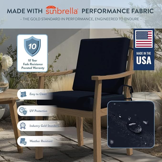 California Umbrella Outdoor Dining Chair, Set of 4 Patio Seat Cushions, 20 x 40 Inch, Premium Outdoor Memory Foam, Fade Resistant, Sunbrella Fabric, Fabric Ties, Navy