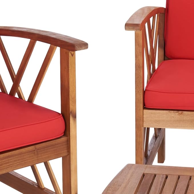 SAFAVIEH Outdoor - Fontana 4-Piece Conversation Set - Brown & Red - Solid Wood - Double-X Motif with Cushions - Ideal for Patio, Deck, Porch, Backyard (PAT7008R)