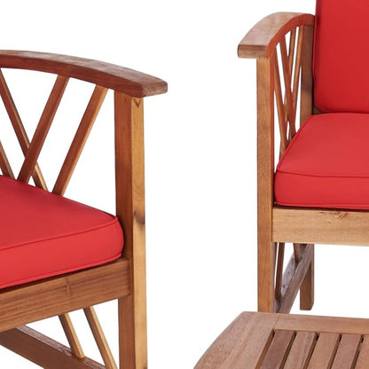 SAFAVIEH Outdoor - Fontana 4-Piece Conversation Set - Brown & Red - Solid Wood - Double-X Motif with Cushions - Ideal for Patio, Deck, Porch, Backyard (PAT7008R)