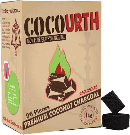 Natural Hookah Coconut Shell Charcoal Flat 25x25x18mm 96 PCS Electric Burner Briquettes Used Also for Cooking, Grilling, Barbecuing, Incense Narguile Coal (1kg)