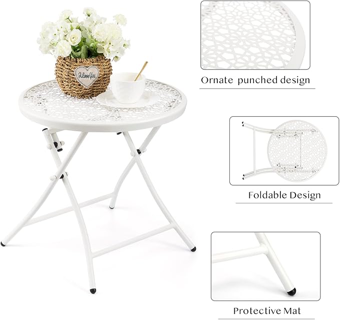 TeoKJ Folding Small Outdoor Side Table, Anti Rust Patio Metal Table | Metal Round Anti Rust Patio Desk, Small Nightstand with Flower Cutouts, for Yard, Balcony, Lawn, Pool, Lightweight, White
