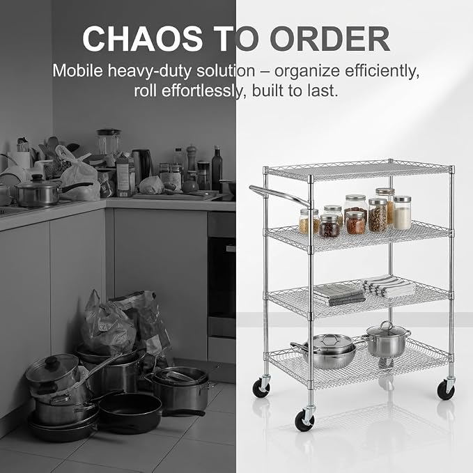 Finnhomy 4 Tier Heavy Duty Commercial Grade Rolling Cart with Handle Bar, Metal Wire Utility Cart with Wheels, Service Trolley on Wheels, Shelf Size 18" D x 30" W, NSF Listed, Chrome
