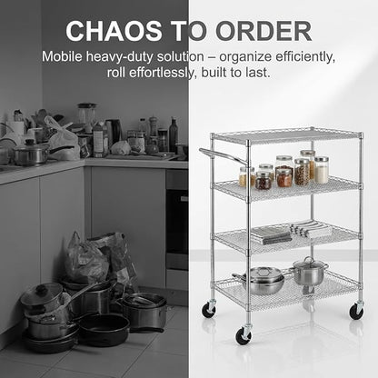 Finnhomy 4 Tier Heavy Duty Commercial Grade Rolling Cart with Handle Bar, Metal Wire Utility Cart with Wheels, Service Trolley on Wheels, Shelf Size 18" D x 30" W, NSF Listed, Chrome