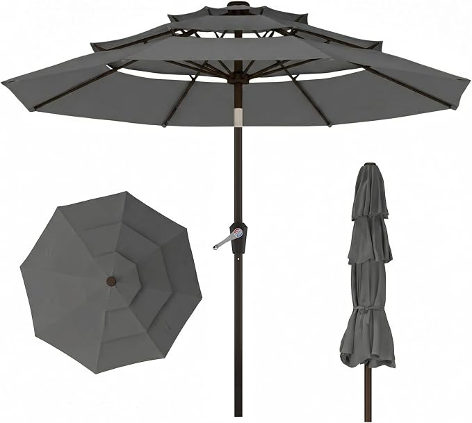 10ft 3 Tier Patio Umbrella, Outdoor Market Table Umbrella with UPF 50+ Vented Canopy, 8 Sturdy Ribs, Easy Push Button Tilt and Crank, Windproof for Deck, Pool, Backyard and Garden