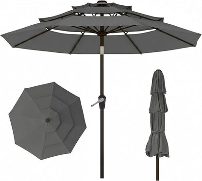 10ft 3 Tier Patio Umbrella, Outdoor Market Table Umbrella with UPF 50+ Vented Canopy, 8 Sturdy Ribs, Easy Push Button Tilt and Crank, Windproof for Deck, Pool, Backyard and Garden