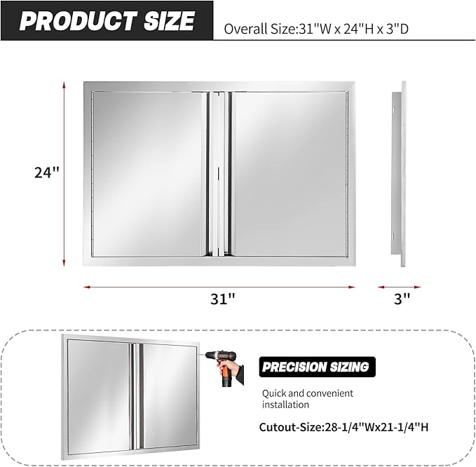 Outdoor Kitchen Doors Stainless Steel,31" W by 24" H Double Access Door, Outdoor Stainless Steel Cabinet Doors, Pin-Hinge Flush Mount Self-Rimming for Outdoor Kitchen and BBQ Island