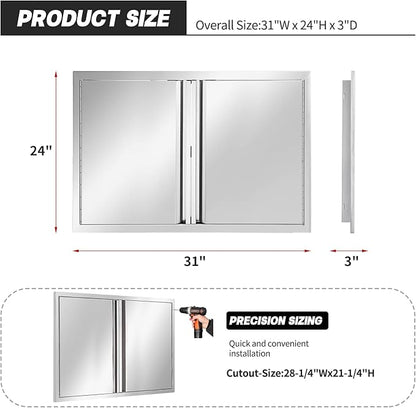 Outdoor Kitchen Doors Stainless Steel,31" W by 24" H Double Access Door, Outdoor Stainless Steel Cabinet Doors, Pin-Hinge Flush Mount Self-Rimming for Outdoor Kitchen and BBQ Island