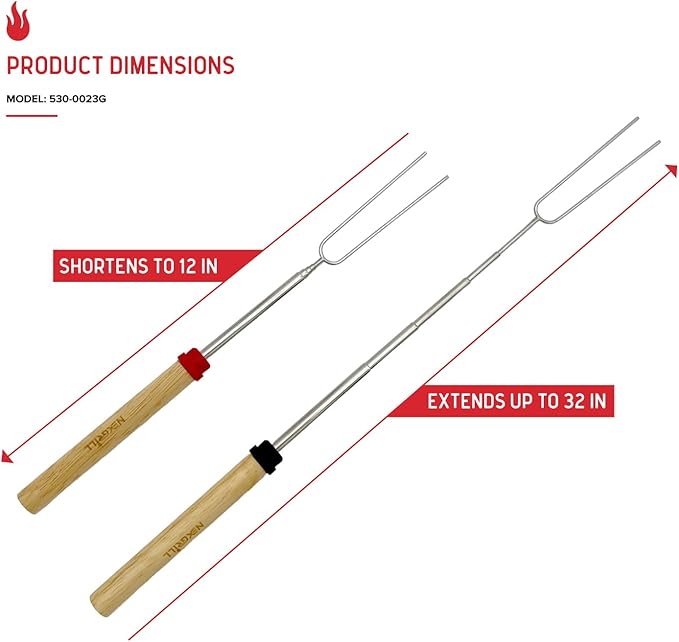 Nexgrill Extendable Roasting Grill Fork Stick, 2-Pack 32" Roasting Sticks, Dual Fork Grilling & Cooking Accessory for BBQs, Tailgating, Camping, Outdoor Cooking, 530-0023G