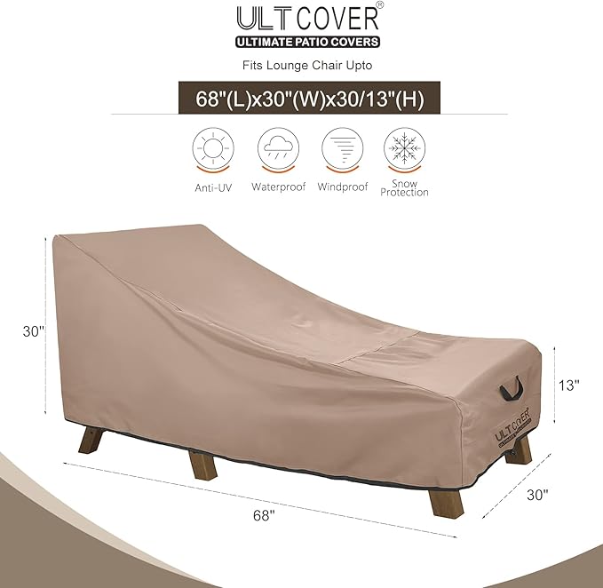 ULTCOVER Waterproof Patio Lounge Chair Cover Heavy Duty Outdoor Chaise Lounge Covers - 68L x 30W x 30H inch