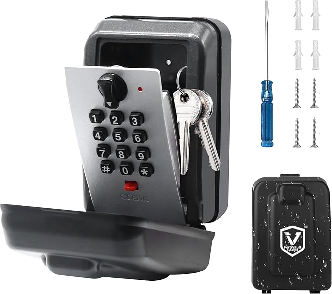 FortiVault Key Lock Box for Outside, 12 Digit Combination Lock Box for Keys with Code, Wall Mounted Weatherproof Key Lockbox, Large Capacity Secure Key Safe for Home, Realtor, Airbnb, Garage