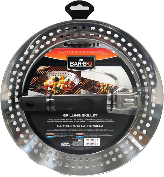 12" Stainless Steel Grill Skillet & Deep Fryer Strainer Basket with Removable Handle - BBQ Grill Pan for Seafood & Vegetables - Outdoor Camping & Backpacking Grilling Accessory by Mr. Bar-B-Q 06753Y