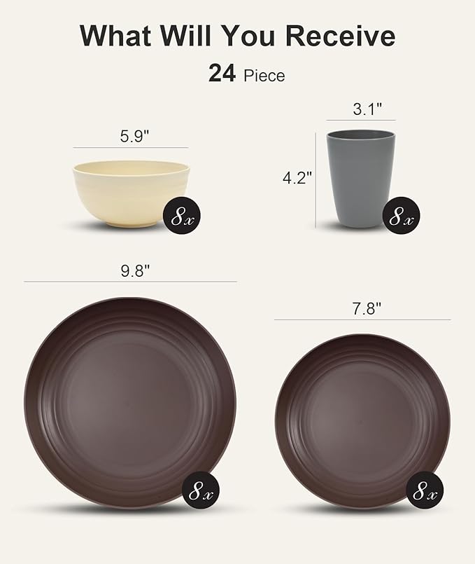 Quatish 24 Piece Plates and Bowls Sets for 6, Unbreakable Dinnerware Sets, Dish Set for Camping, Dishwasher Microwave Safe, Outdoor Kitchen and Apartment Dorm Dinning RV Essentials, Brown