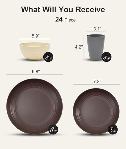 Quatish 24 Piece Plates and Bowls Sets for 6, Unbreakable Dinnerware Sets, Dish Set for Camping, Dishwasher Microwave Safe, Outdoor Kitchen and Apartment Dorm Dinning RV Essentials, Brown