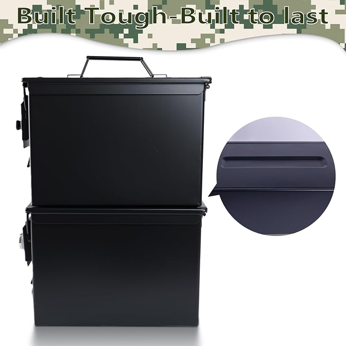 Ammo Can & Ammo Box, Fireproof & Waterproof Metal Storage Box - Perfect for Ammo, Lithium Batteries & RC Car Batteries (Square Lock, Green-13.6 * 7.3 * 8.6")