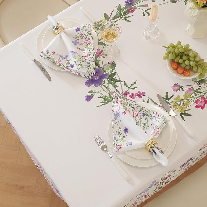 SASTYBALE Spring & Summer Floral Tablecloth 52 x 70 Inch Rectangular | Wildflower & Butterfly Printed, Rectangle Table Cover, Waterproof Spill Proof Wrinkle Free for Dining, Party, Indoor, Outdoor