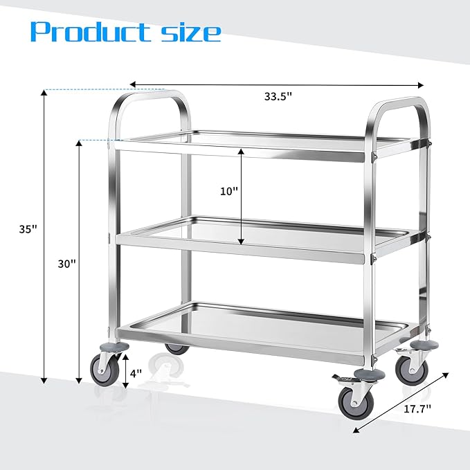 AQNIEGEP Stainless Steel Utility Cart, 3-Tier Heavy-Duty Kitchen Cart with Lockable Wheels, 400lbs Capacity for Restaurant, Lab, Office - Commercial Grade & Easy Assembly