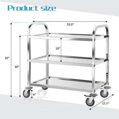 AQNIEGEP Stainless Steel Utility Cart, 3-Tier Heavy-Duty Kitchen Cart with Lockable Wheels, 400lbs Capacity for Restaurant, Lab, Office - Commercial Grade & Easy Assembly