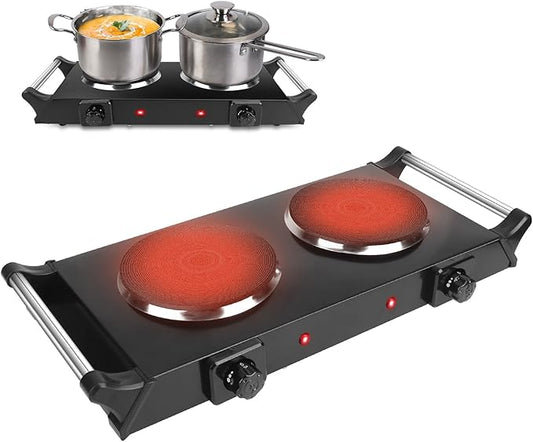 2000W Hot Plate,Portable Electric Stove Countertop Double Burners W/5 Level Temperature Control & Stay Cool Handles, Easy to Clean, Lightweight Cast Iron Electric Stove for RV/Home/Camp 110V