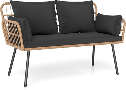 Tangkula Patio Wicker Loveseat, Outdoor 2-Seater PE Rattan Sofa with Pillows, Cushions, Metal Frame & Adjustable Foot Pads, 660 lbs Outside Couch for Porch, Backyard & Poolside (Black, 50.5" L)