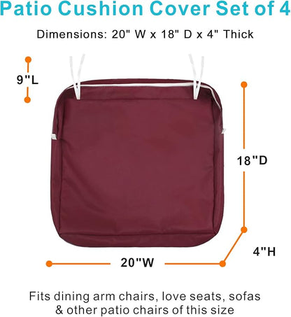 NettyPro Outdoor Cushion Covers Replacement Set 4 Water Repellent UV Resistant Patio Chair Seat Cushion Slipcover with Zipper and Tie, 20 x 18 x 4 Inch, Burgundy