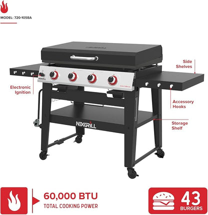 Nexgrill Daytona 4-Burner Propane Gas Griddle with Side Tables, 60000 BTU Flat Top Grill, 756 SQ In. Hot-Rolled Steel Cooking Space, Outdoor Cooking Barbeque, Black/Silver - 720-1058A