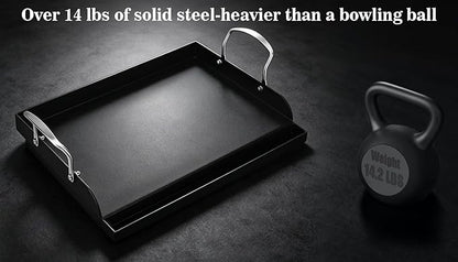 QuliMetal 17" x 13" Cast Iron Grill Griddle Kit, Pre-Seasoned Flat Top Griddle Plate with Scratch-Safe Tools, Universal Outdoor Griddle for Gas and Charcoal Grills, Camping, BBQ and Tailgating