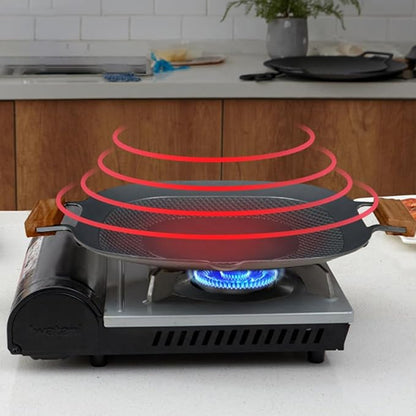 Korean Style 12.6in Grill Pan Non-stick Maifan Coated Smokeless Griddle Pan Compatible for Induction, Gas Stove, Electric Cooktop Stovetop Plate Indoor or Outdoor BBQ (Square with Wood Handle)