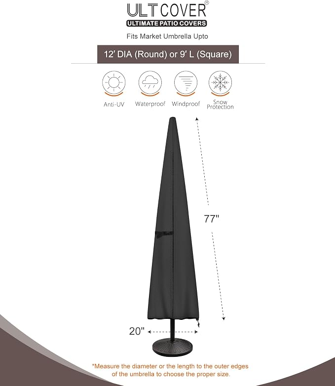 ULTCOVER Patio Parasol 600D Waterproof Outdoor Market Umbrella Cover - Fits Market Umbrella Up to 12 Feet, Black