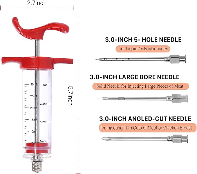 Meat Injector Syringe, Premium Meat Injector Kit - 3 Stainless Steel Meat Needles, Plastic Turkey Injector with Pastry Brush, 1oz Food Injector for Meat with Cleaning Brush, Easy to Use & Clean