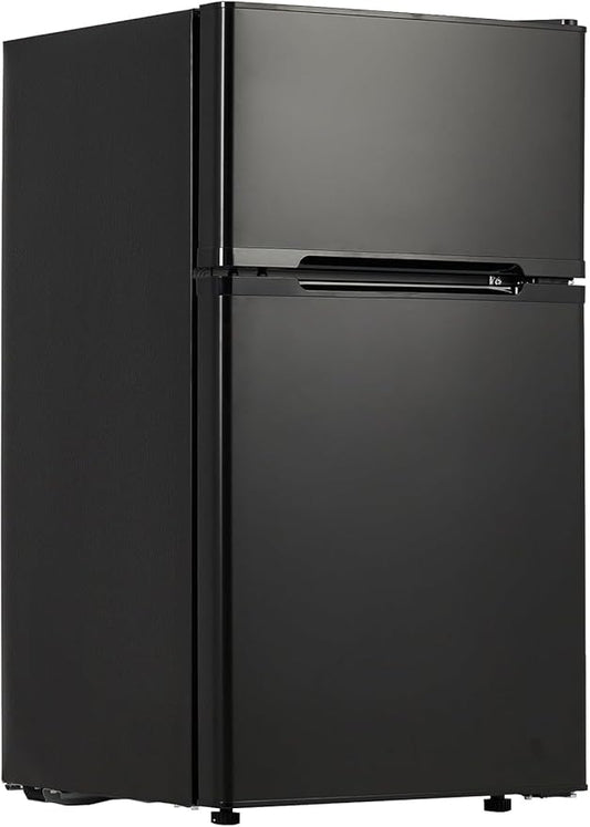 Mini Fridge with Freezer 3.1 Cu.Ft. Double Stainless Steel Door Compact Fridge Adjustable Thermostat,Removable Glass Shelves,Ideal for Compact Spaces Bedroom Dorm,Black