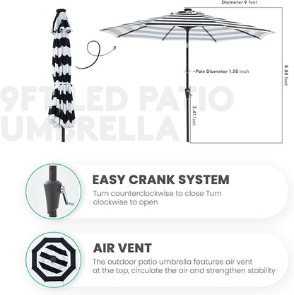 JEAREY 9FT Outdoor Patio Umbrella with Solar Lights, LED Lighted Pool Umbrella with Tilt and Crank, Outdoor Table Umbrellas for Deck, Yard & Market (Black & White Stripe)