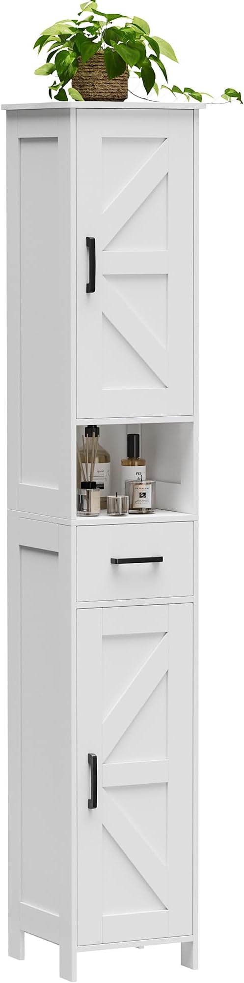 Homhedy 67" H Tall Bathroom Storage Cabinet with Barn Doors and Drawer | Narrow Storage Unit with Adjustable Shelves, Floor Cabinet for Bathroom, Living Room, Entryway or Kitchen, White, 11.8" W