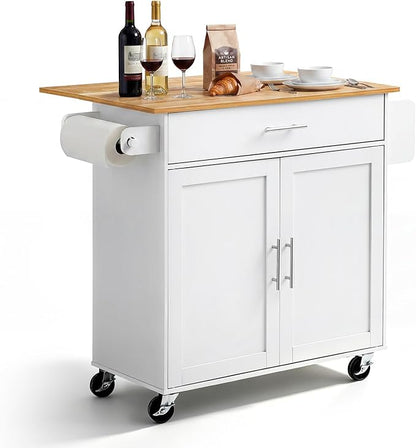 VEVOR Kitchen Island Cart with Storage, 42.28 in Wide Mobile Rolling Storage Island on Swivel Wheels, with Drawer, Storage Cabinet, Drop Leaf, Spice Rack, Table for Home Dining Room, White