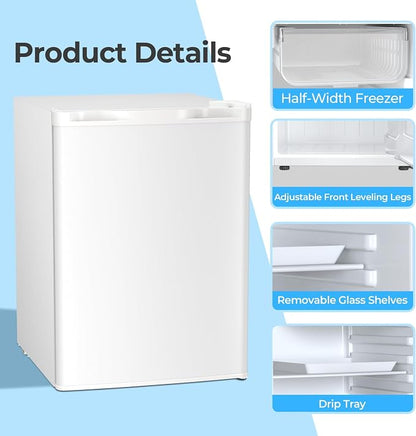 Antarctic Star 2.56 Cu.Ft. Mini Fridge with Freezer, Small Refrigerators with Adjustable Thermostat, Low Noise, Energy Saving, Compact Refrigerators for College Dorm, Office, Bedroom, Apartment, White