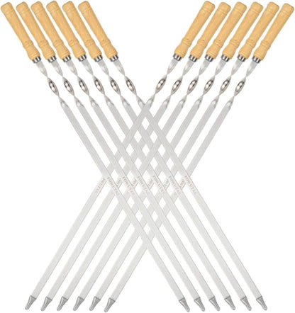 Large Size Kabob Skewers Flat Metal BBQ 22" Barbecue Skewer Wooden Handle Stainless Steel Shish Kabob Stick Wide Reusable Grilling Set Meat Shrimp Chicken Vegetable Kebab Fork Sausage-12PCS
