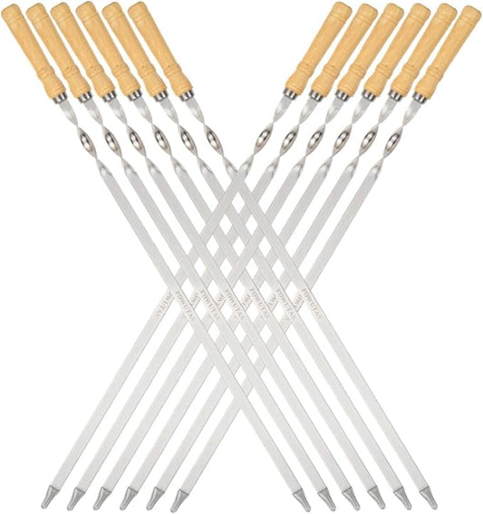 Large Size Kabob Skewers Flat Metal BBQ 22" Barbecue Skewer Wooden Handle Stainless Steel Shish Kabob Stick Wide Reusable Grilling Set Meat Shrimp Chicken Vegetable Kebab Fork Sausage-12PCS