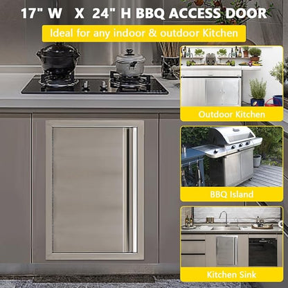 Outdoor Kitchen Doors 17W x 24H Inch, 304 Stainless Steel Access Doors, Double Wall Construction Vertical BBQ Doors for BBQ Island, Grilling Station, Outdoor Cabinet