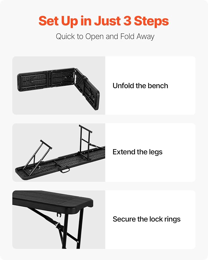 VEVOR Plastic Folding Bench, 6 ft Portable Bench for Outdoor Picnic Party Camping Dining, Foldable Smooth HDPE Seat for Garden Soccer Multipurpose Entertaining Activities, 1/2 Pack (2, Black, 6FT)