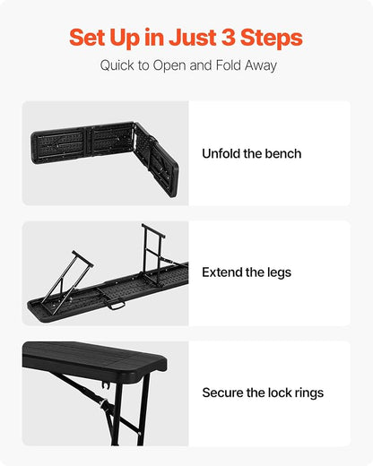 VEVOR Plastic Folding Bench, 6 ft Portable Bench for Outdoor Picnic Party Camping Dining, Foldable Smooth HDPE Seat for Garden Soccer Multipurpose Entertaining Activities, 1/2 Pack (2, Black, 6FT)