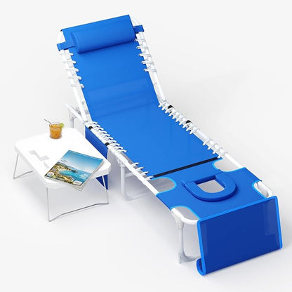 Garvee Tanning Chair with Face Hole, 3-in-1 Outside Beach Lounge Chair with Folding Table, 5 Reclining Positions and Removable Pillow, for Beach, Pool, Patio, Garden -Max 330lbs (Blue) | with Folding Table, 5 Reclining Positions and Removable Pillow, f...