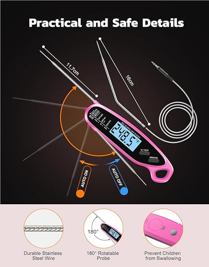 Instant Read Meat Thermometer Digital with Dual Probe & Large Backlit, Food Thermometer for Cooking & Grilling, for Candy/Baking/Oven/BBQ/Grill/Smoker, Pink Kitchen Accessories, Gifts for Women