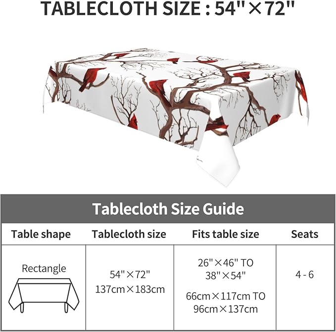 Winter Cardinal Birds Tablecloth for Dining 54"x72" Washable Waterproof Christmas Table Cloth for Parties Picnic Bbqs Kitchen Dining Room Christmas Holiday Home Decor, Rectangle Table Covers
